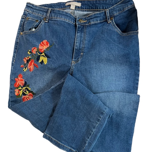 Woman Within Blue Straight Leg Jeans with Floral Embroidery - Picture 1 of 11